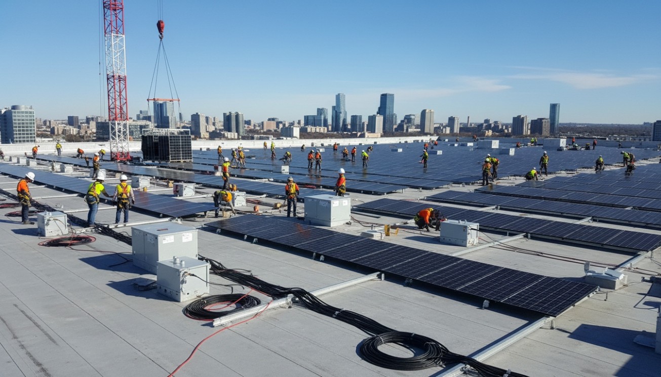 Large commercial solar installation project showing crane lifting PV modules and rooftop construction cost considerations